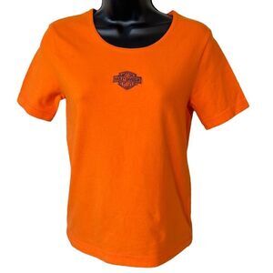 Harley Davidson Womens Orange Embroidered Logo Short Sleeve T-Shirt